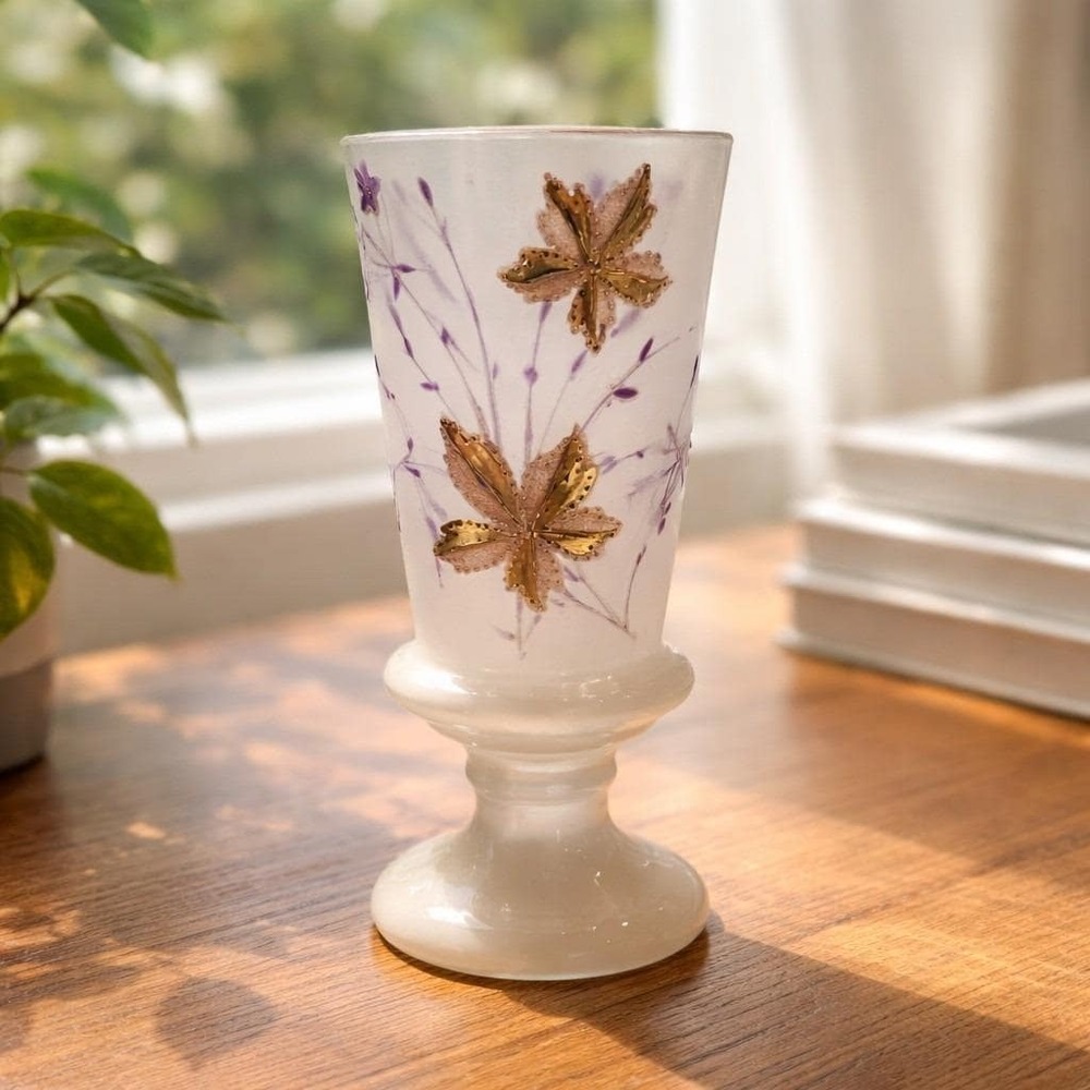 Antique‎ Victorian Bohemian/Bristol Glass Opaline Glass Vase Hand Painted 1900's
